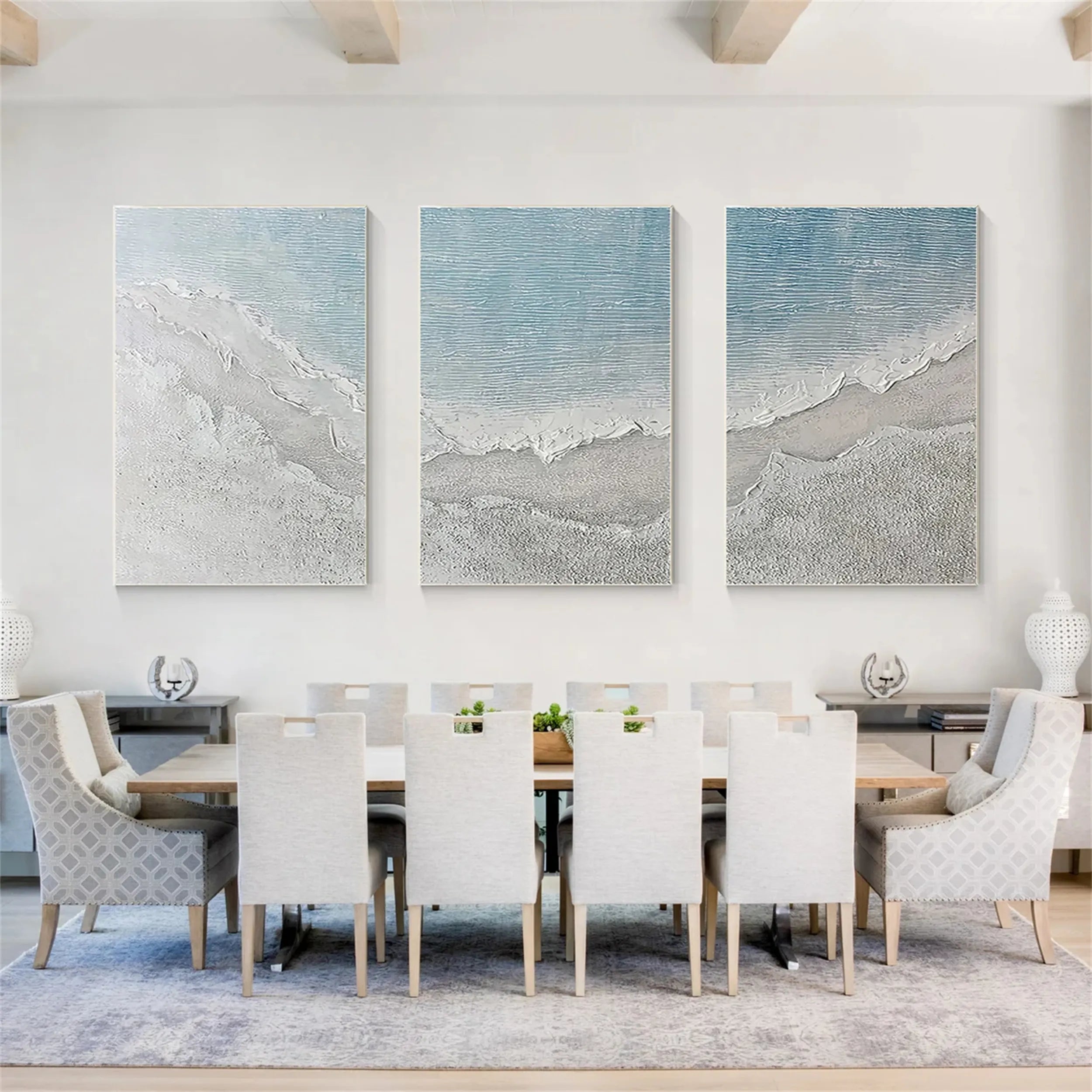 Textured Neutral Wall Art Set of 3 Large Coastal Ocean Canvas #ZZ 060