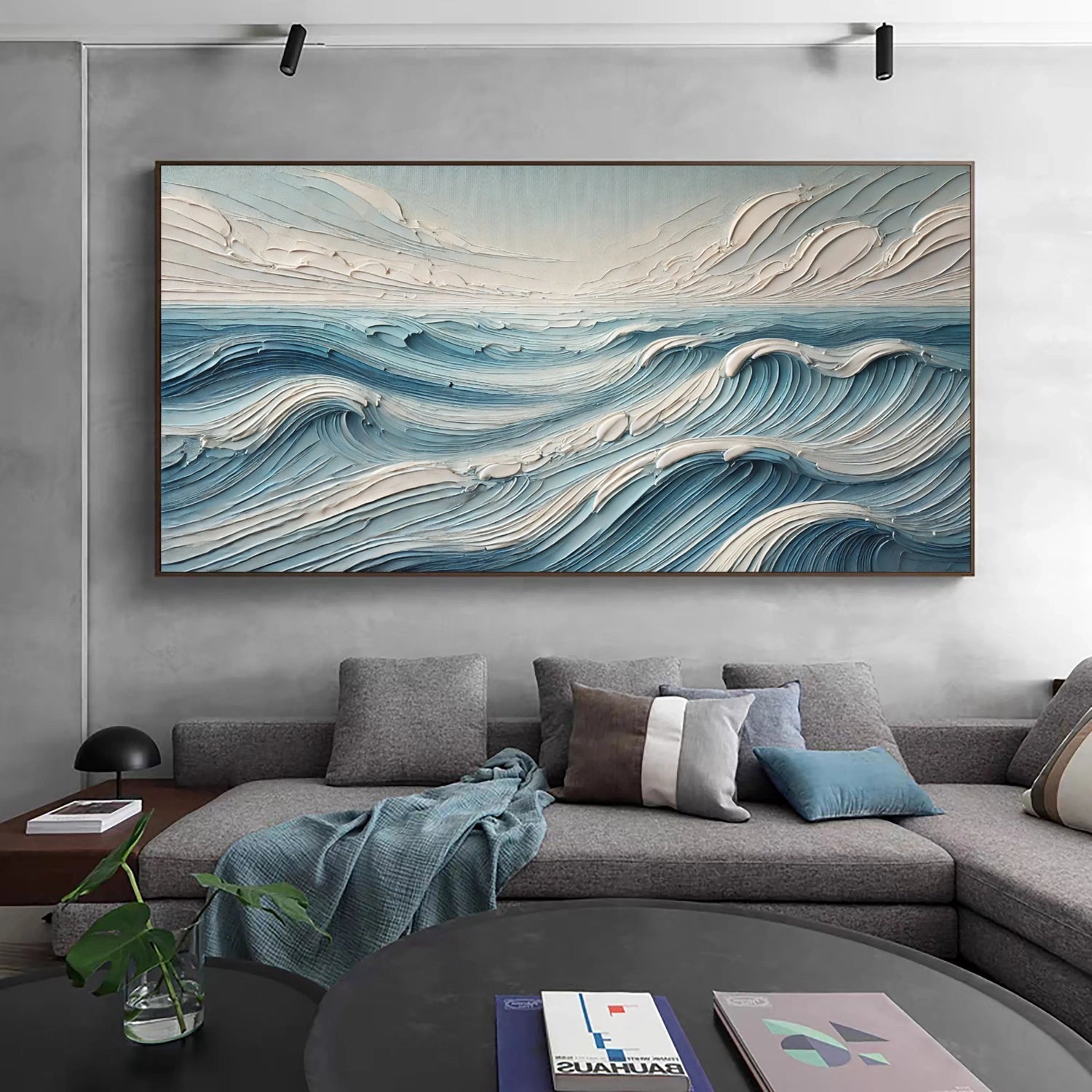 Wide Calm Ocean Wave Textured Abstract - Blue and White Minimalist Oil Painting #JJ 166