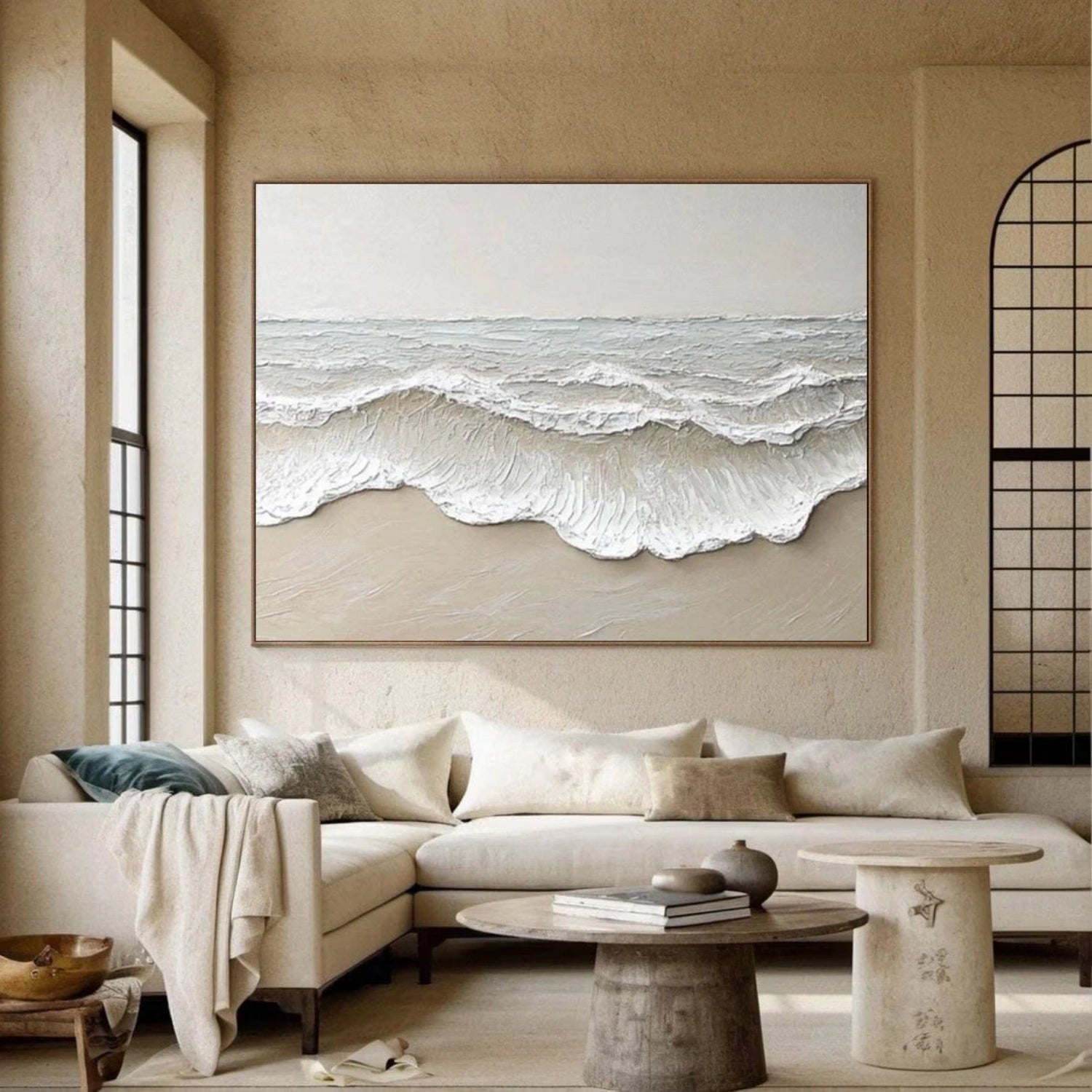Large Textured Beach Wall Art | Neutral Abstract Ocean Wave Canvas #ZZ 081