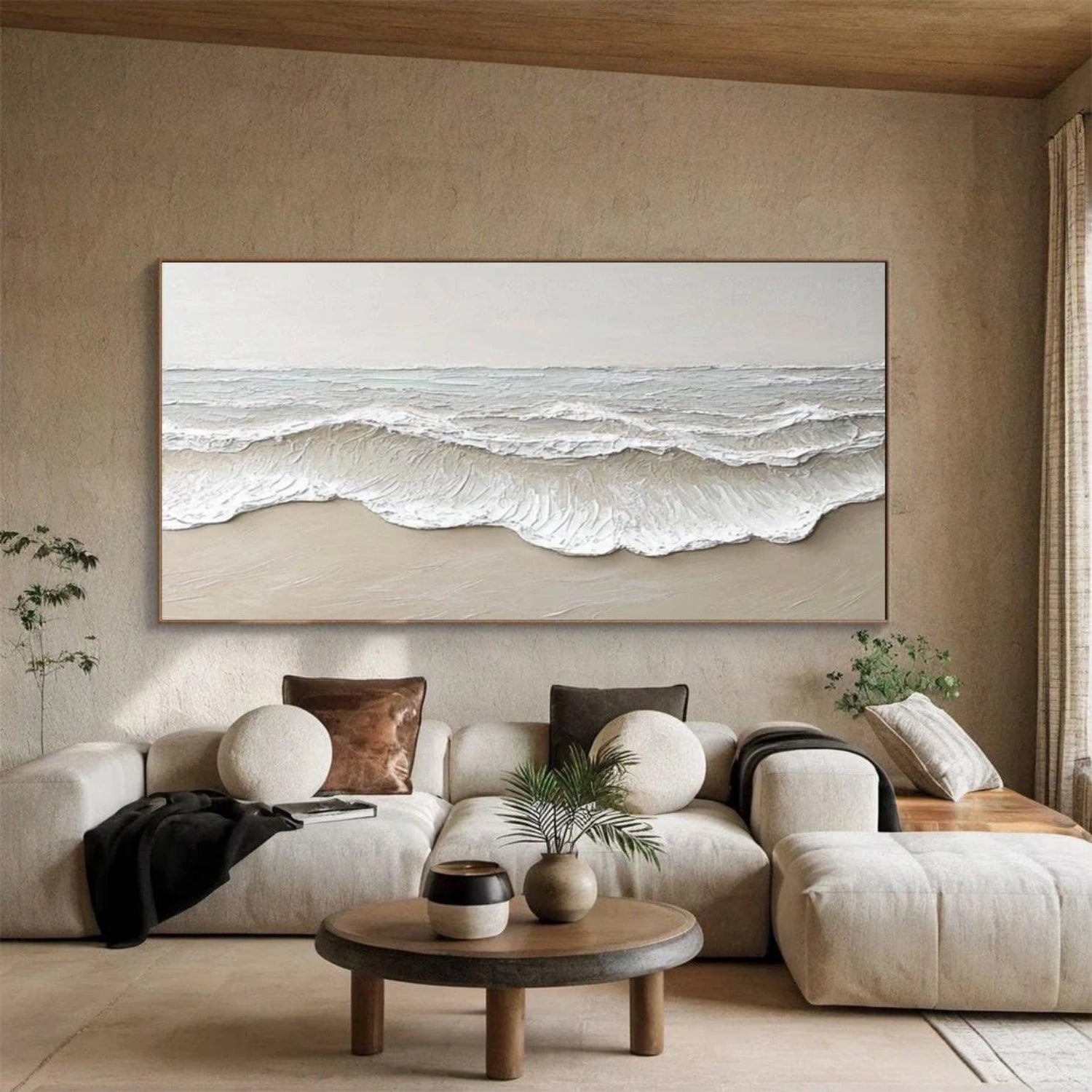 Large Textured Beach Wall Art | Neutral Abstract Ocean Wave Canvas #ZZ 081