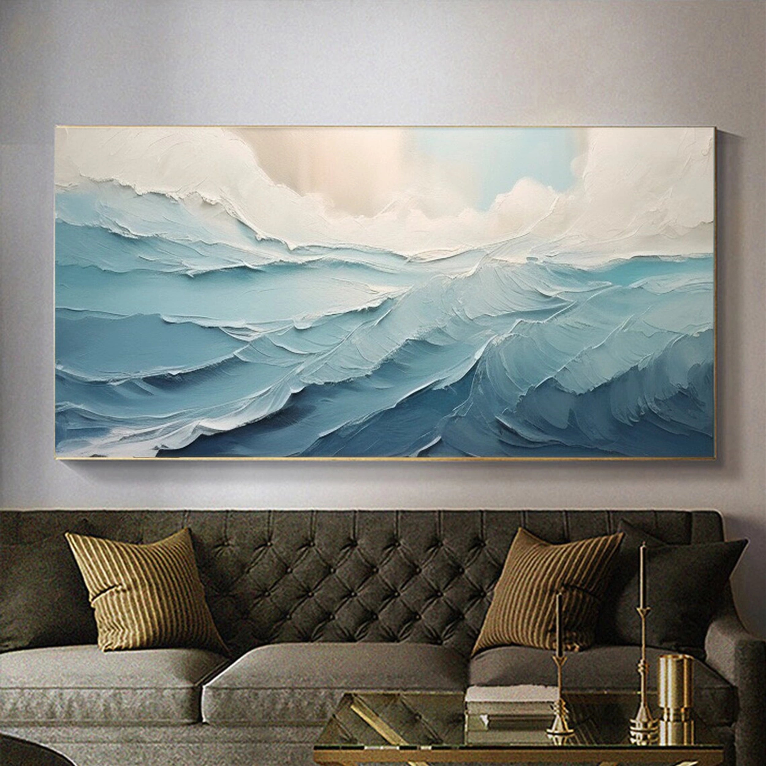 Large  Blue Sea Abstract Waves Painting Wall Art - Ocean Painting #JJ 241