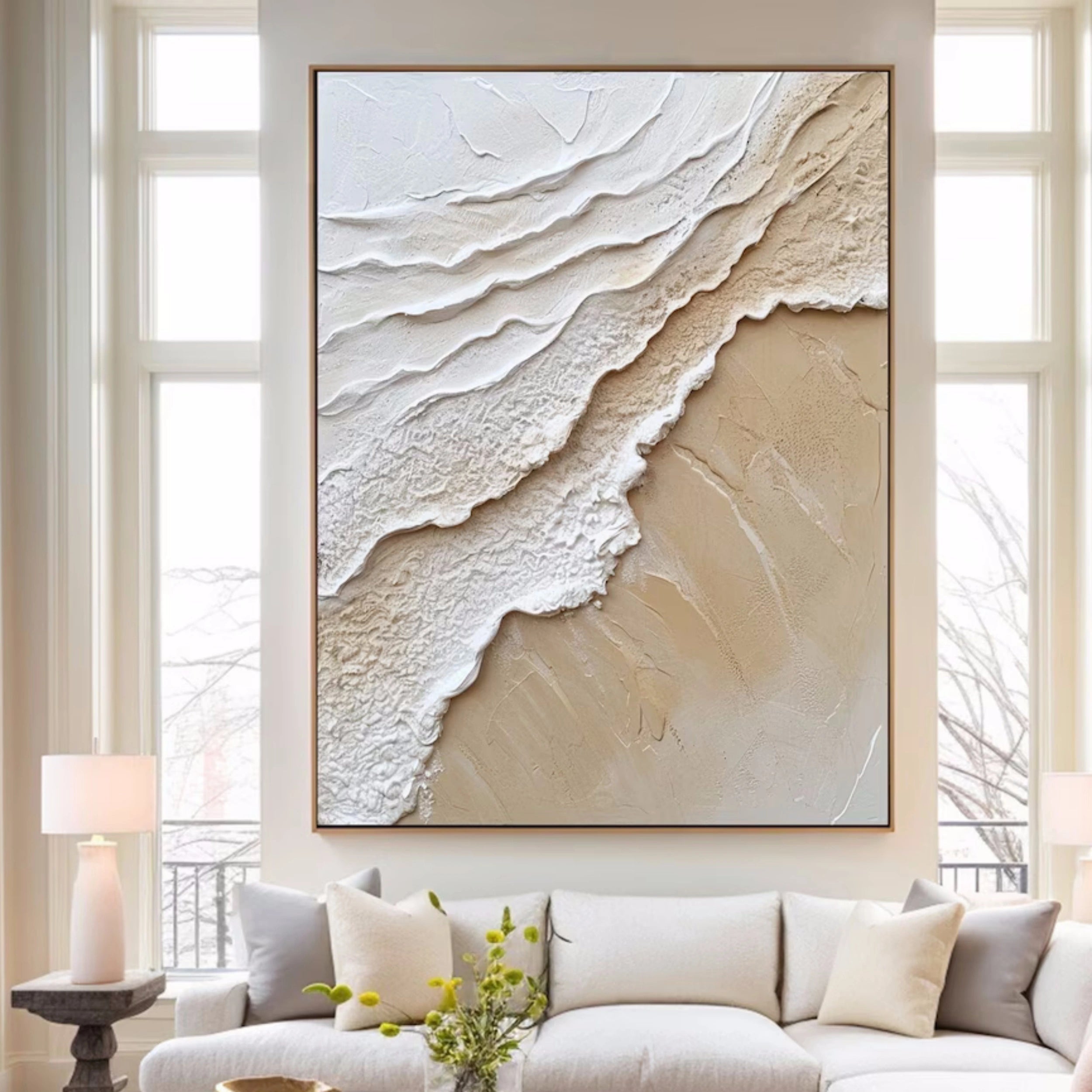 Large Textured Neutral Wall Art | Vertical Abstract Beach Painting #ZZ 069
