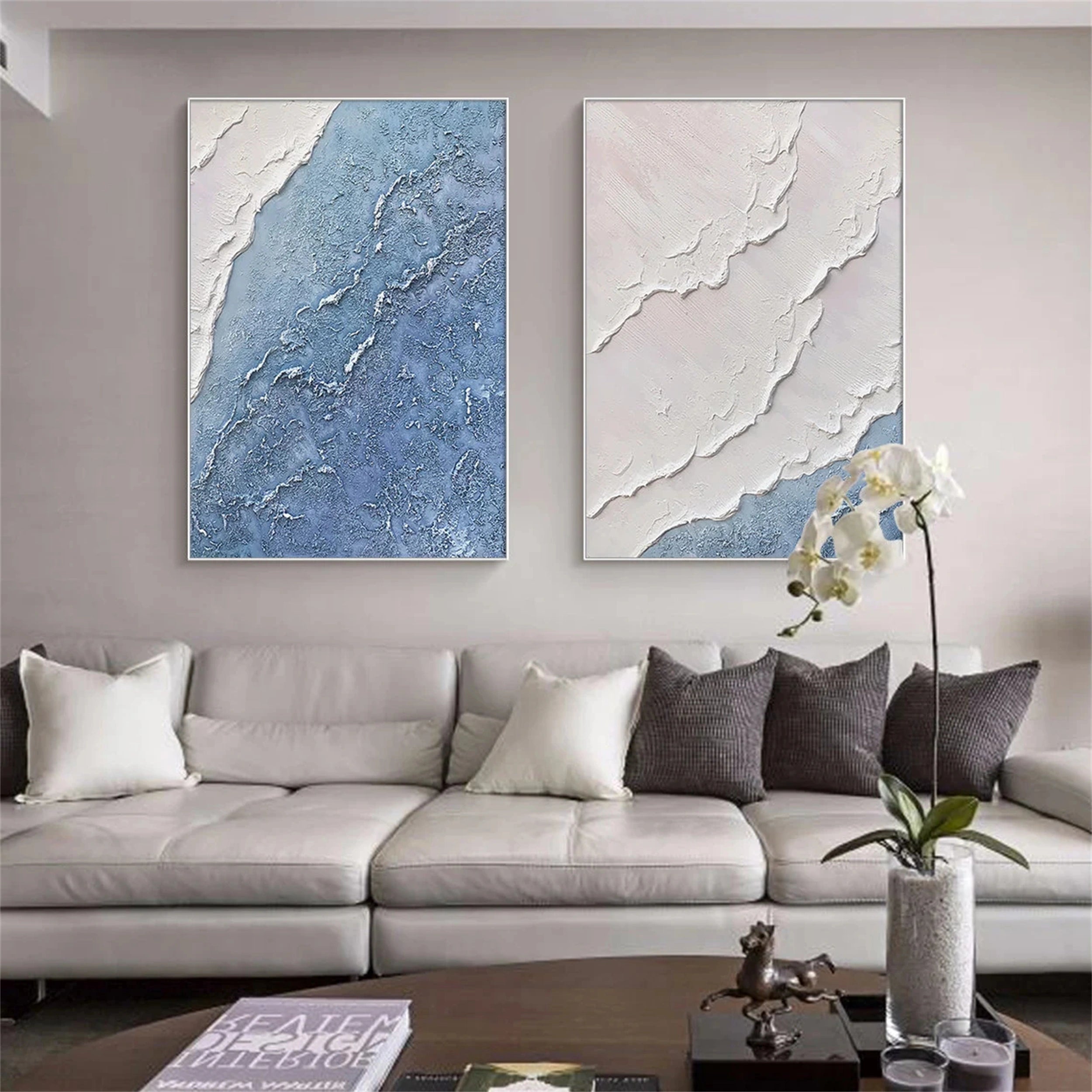 Textured Blue Coast Duo - Serene Modern Art Set Home Decor #JJ 202