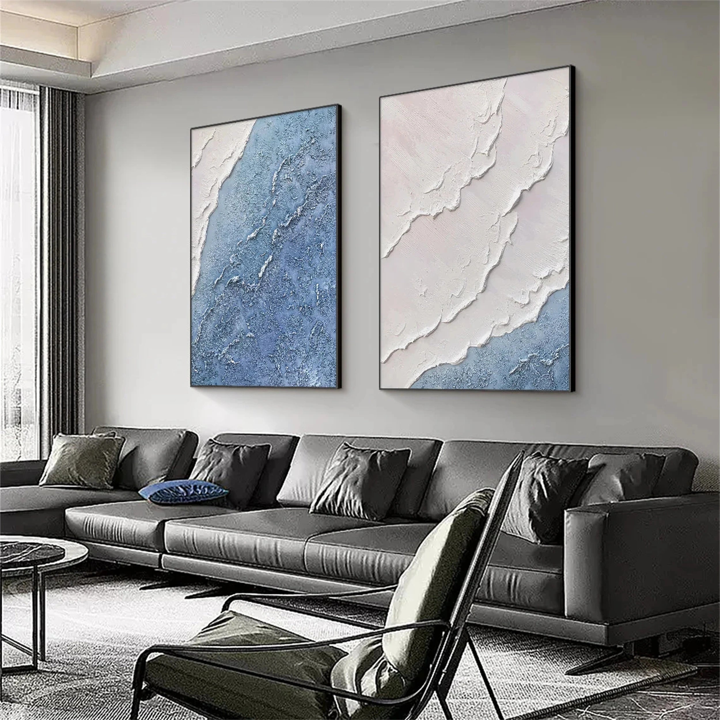 Textured Blue Coast Duo - Serene Modern Art Set Home Decor #JJ 202