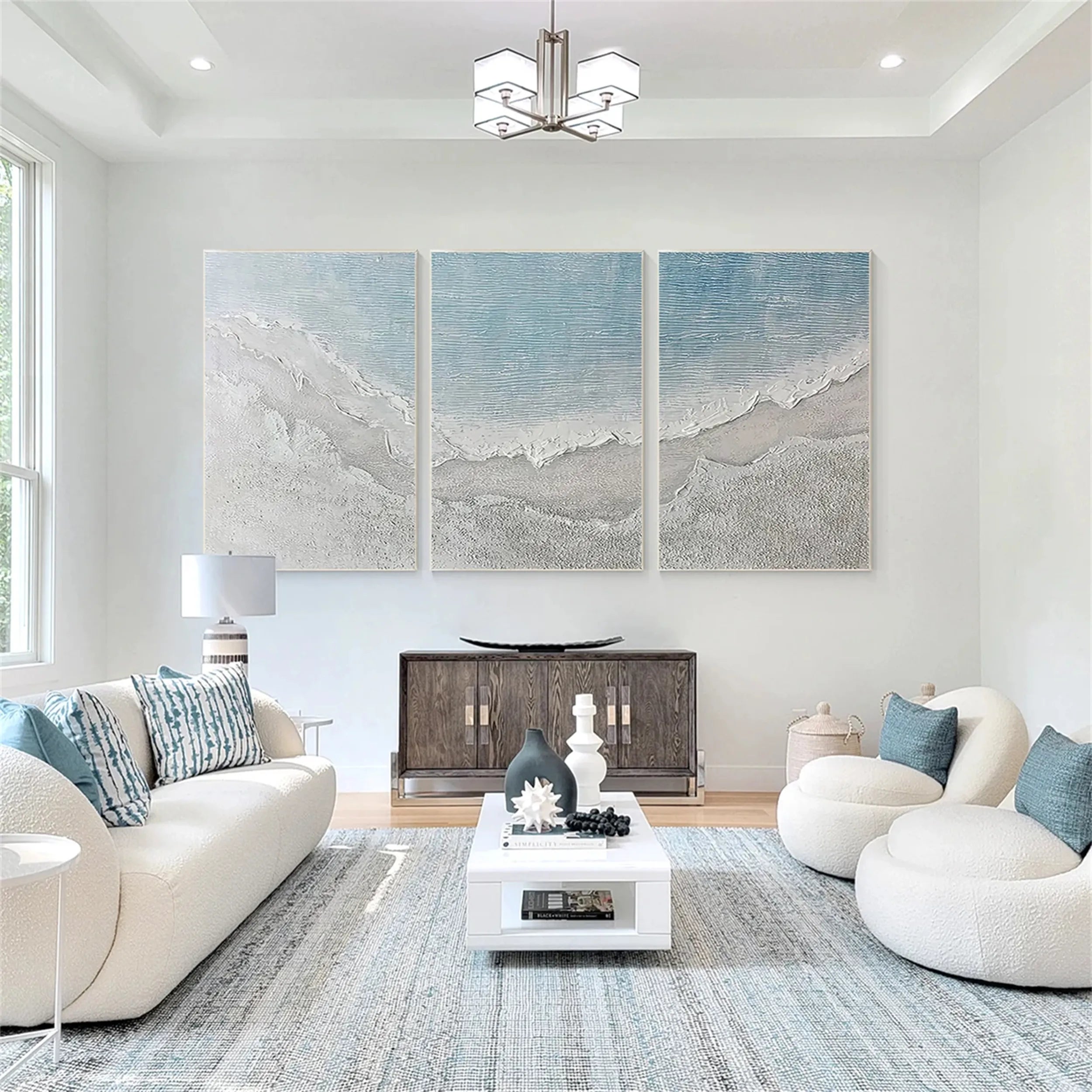 Textured Neutral Wall Art Set of 3 Large Coastal Ocean Canvas #ZZ 060