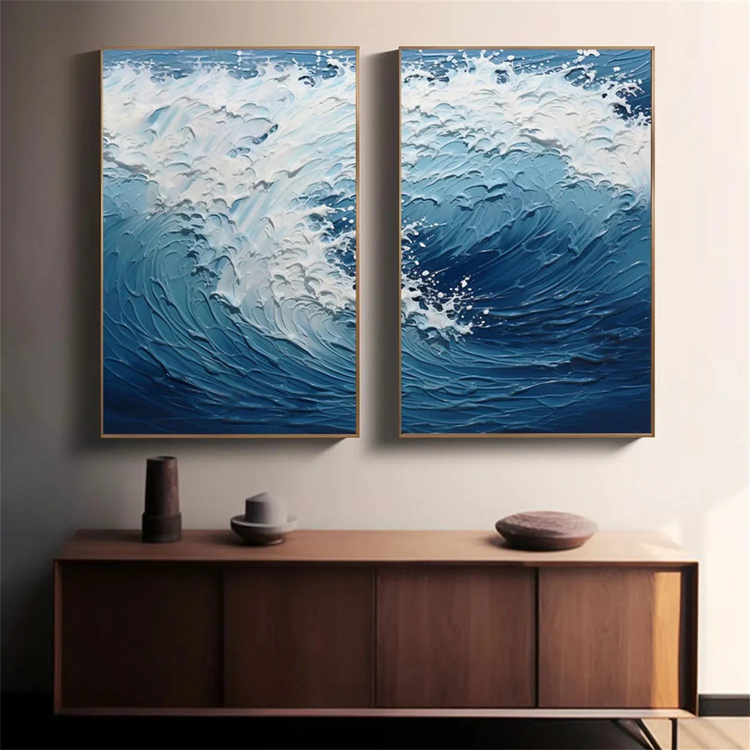 Textured Ocean Waves Canvas Art - Blue White Abstract  Wall Decor #JJ 218
