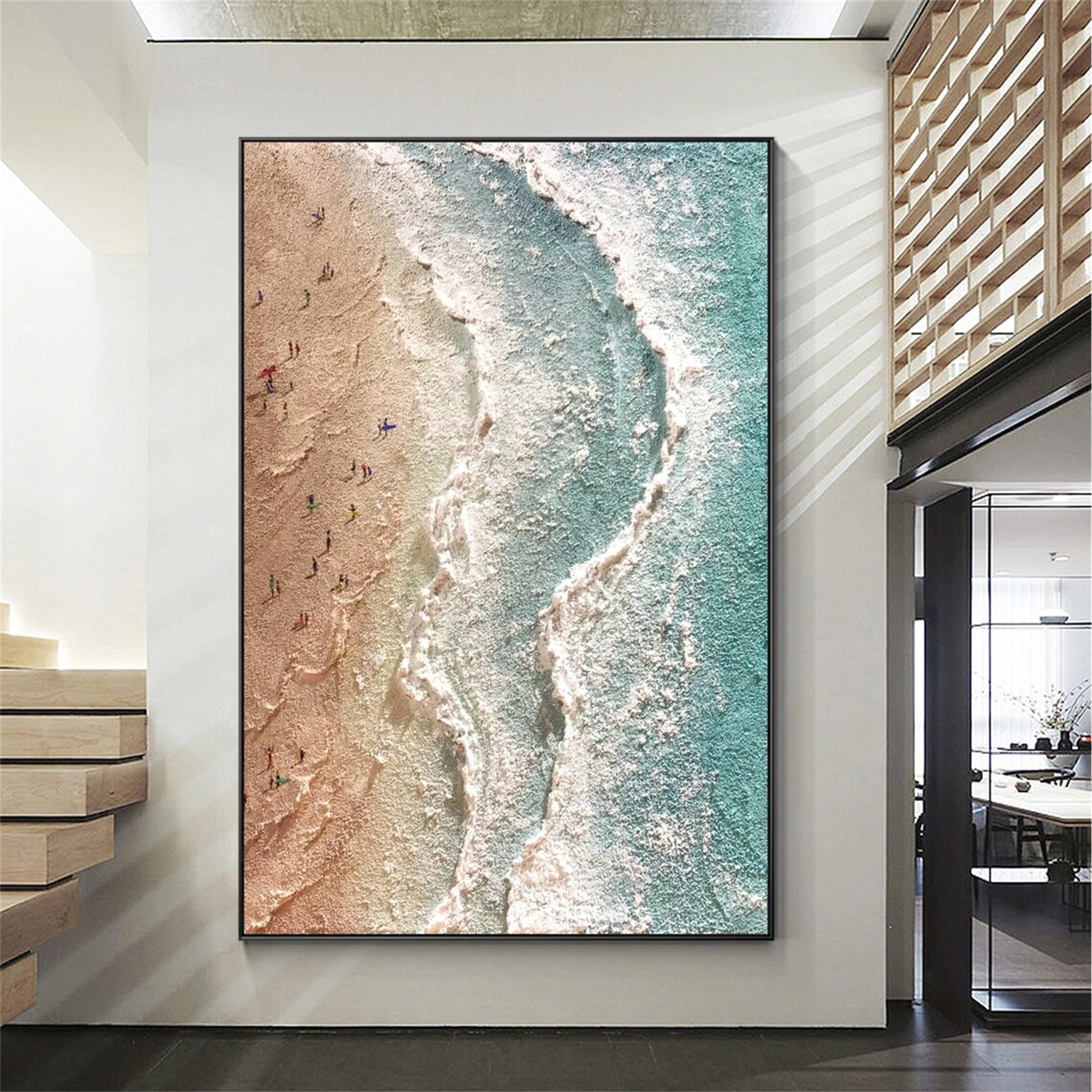 Large Textured Ocean Wall Art | Aerial Beach Scene Canvas Painting #ZZ 064