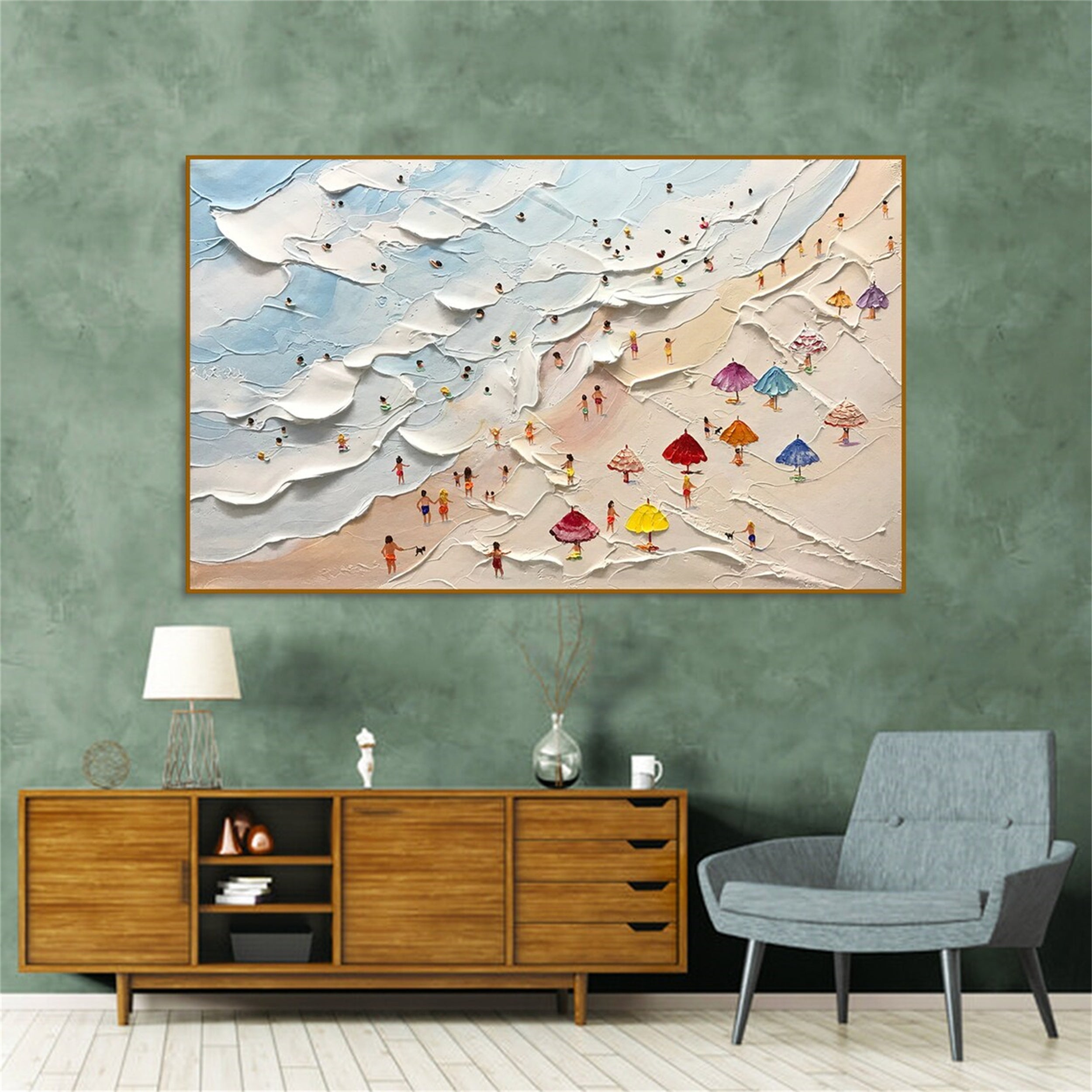 Large Abstract  Textured Swimming Painting - Happy Coast Wall Art #JJ 243