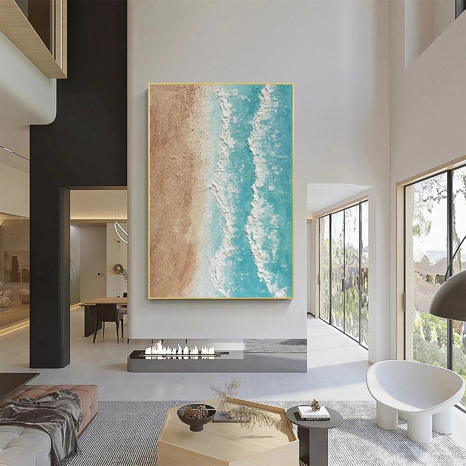 Calm Coastal Sand and Sea Textured Abstract - Beige Blue Minimalist Oil Painting #JJ 141