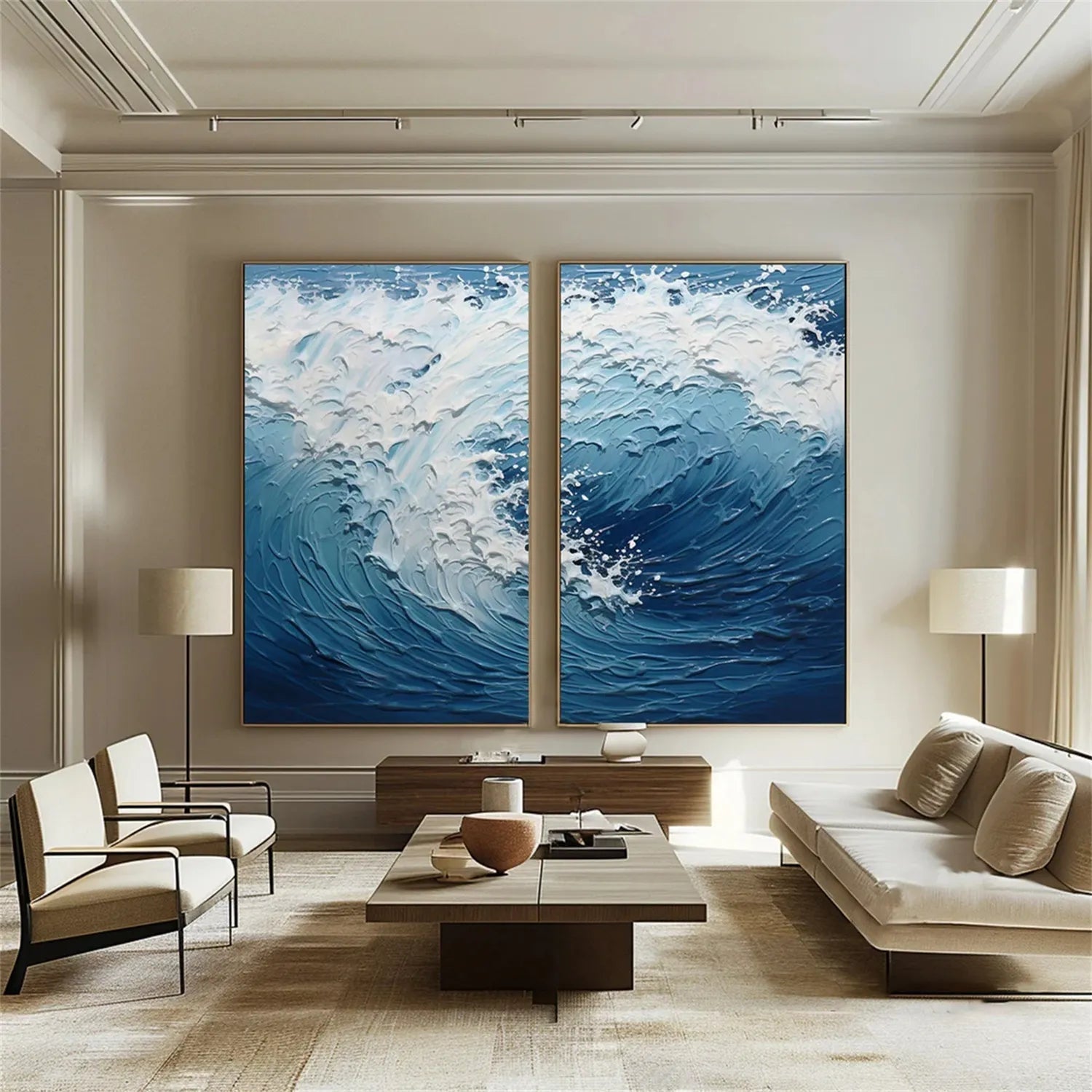 Textured Ocean Waves Canvas Art - Blue White Abstract  Wall Decor #JJ 218