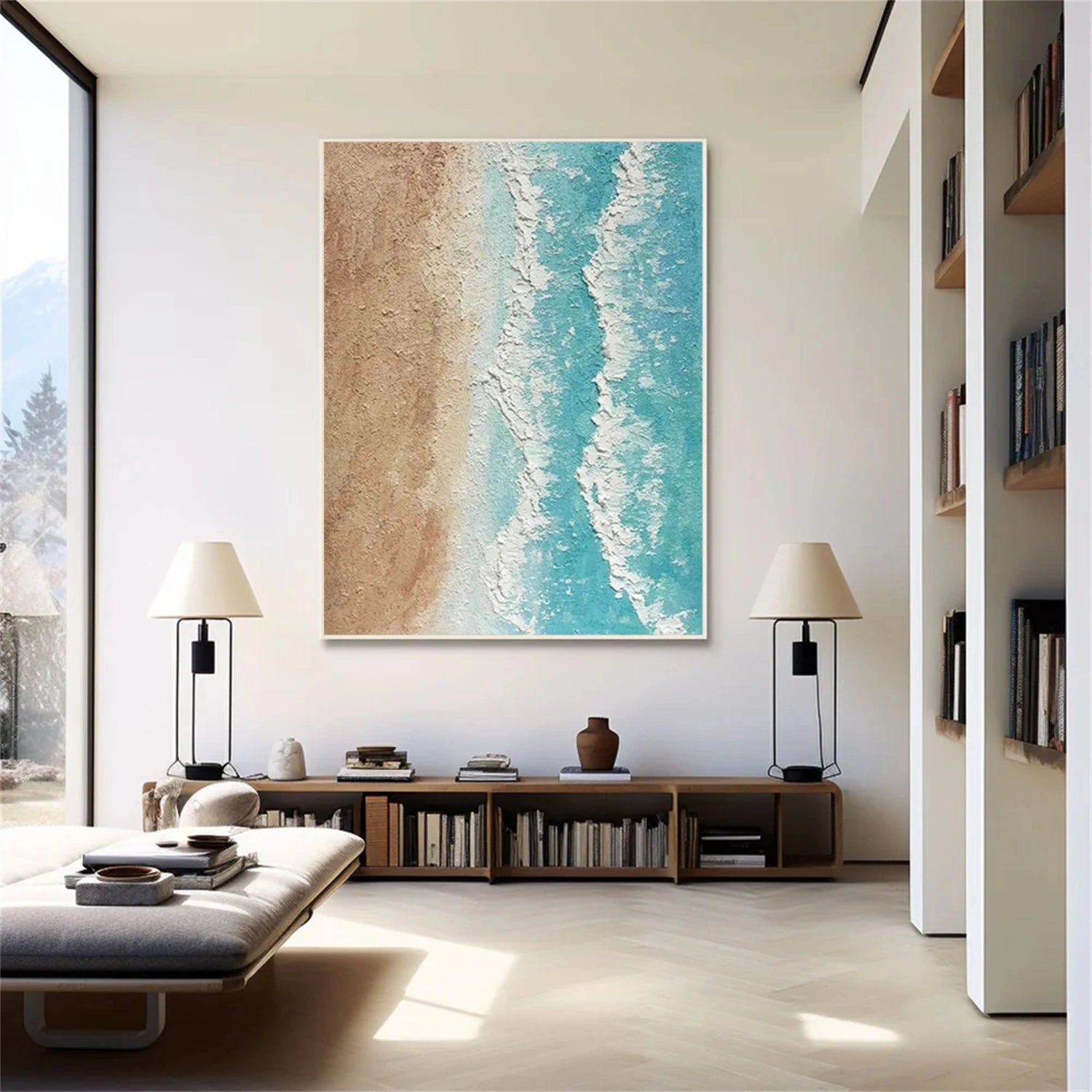 Calm Coastal Sand and Sea Textured Abstract - Beige Blue Minimalist Oil Painting #JJ 141