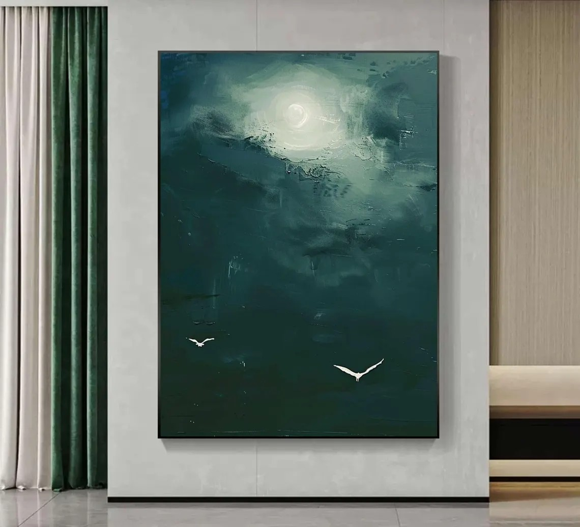 Dark Teal Abstract Oil Painting with Moon and Birds Wall Art  #TC 029