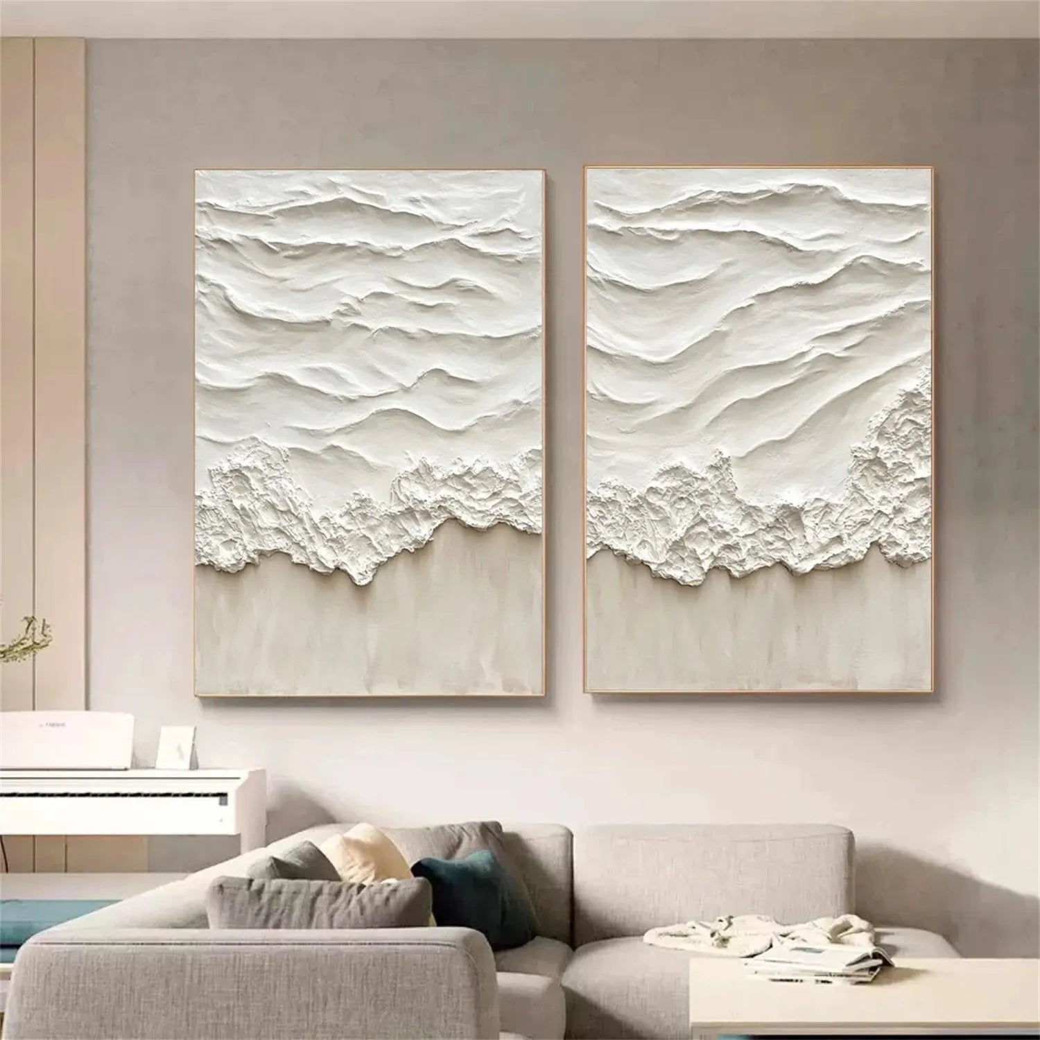 Oversized Contemporary Wall Art Textured Neutral Wave Set of 2 #ZZ 083