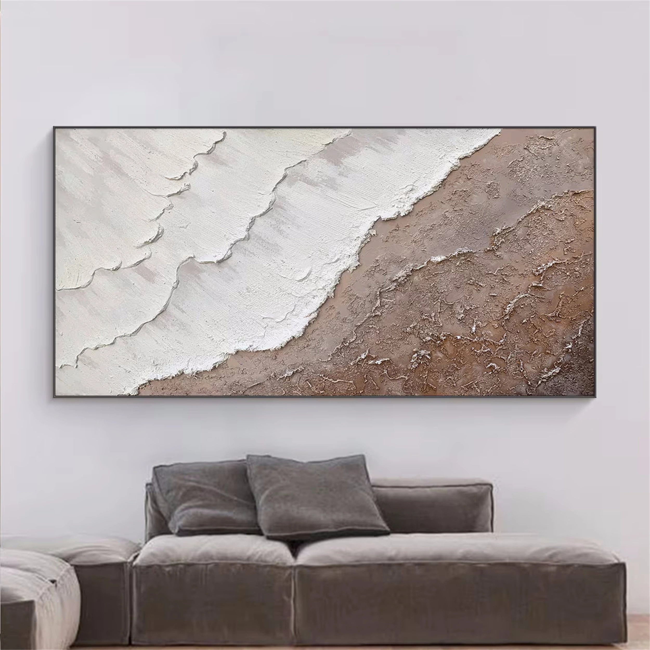 Large Beige White Textured Wave Art - Ocean Painting #JJ 239