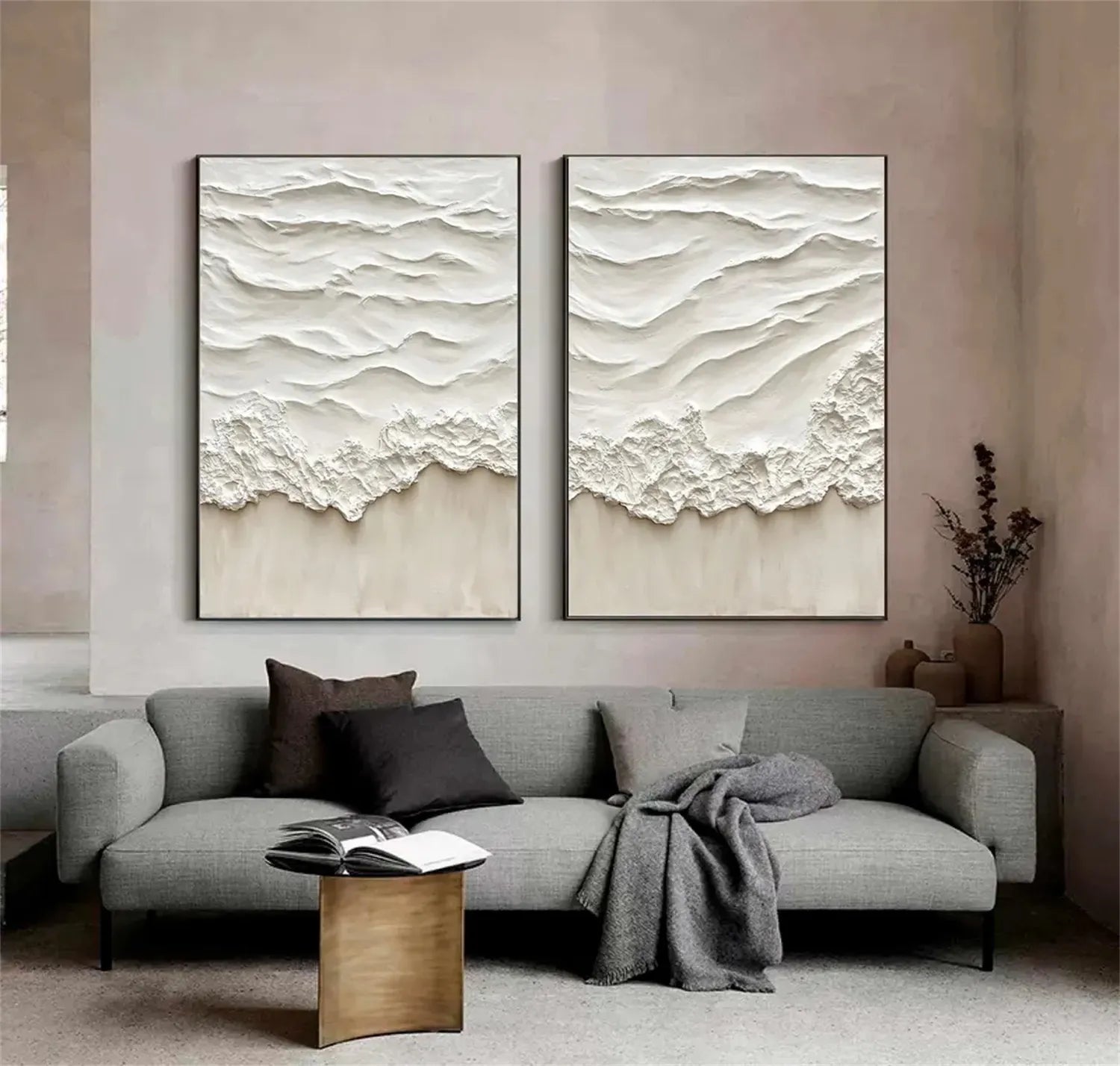Oversized Contemporary Wall Art Textured Neutral Wave Set of 2 #ZZ 083