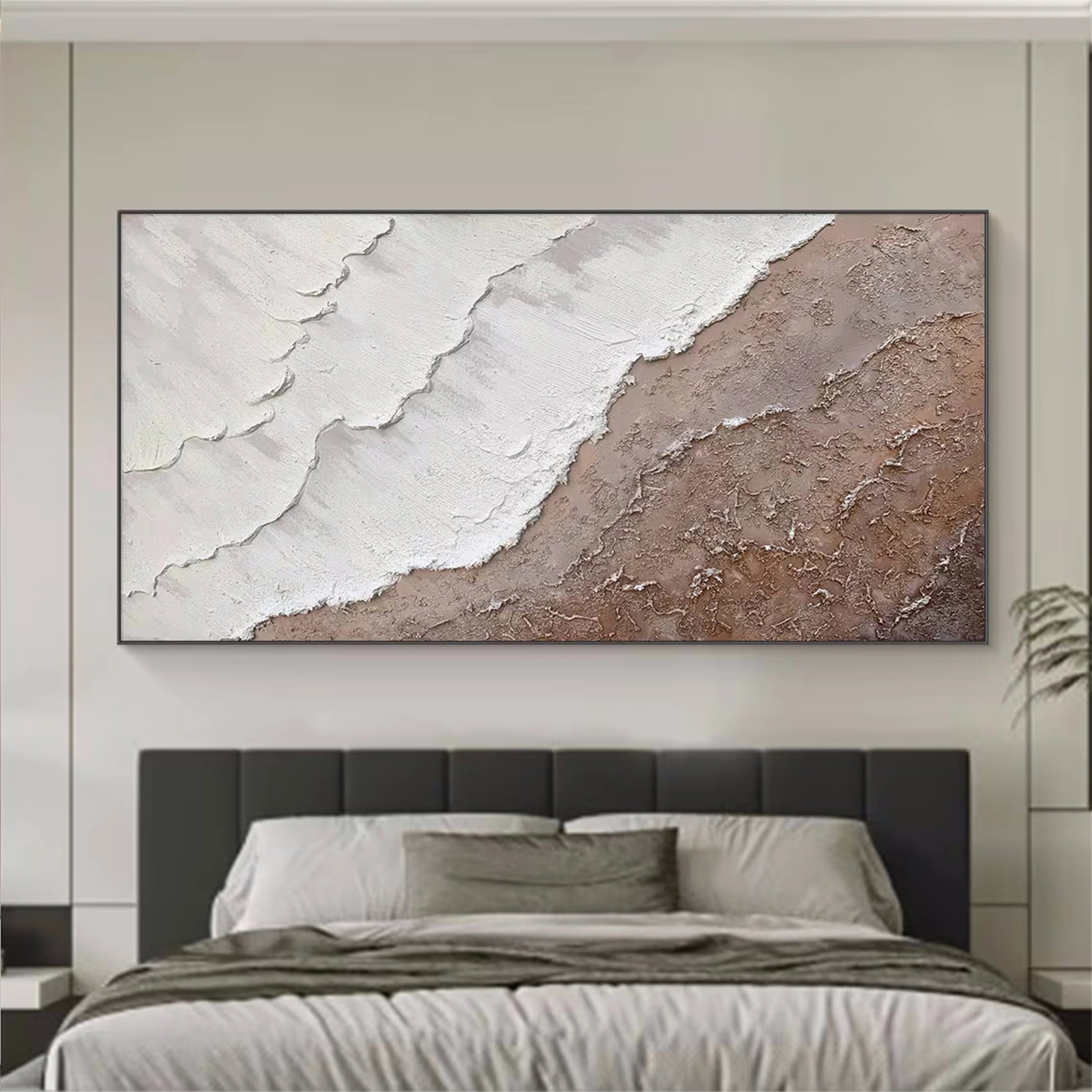 Large Beige White Textured Wave Art - Ocean Painting #JJ 239