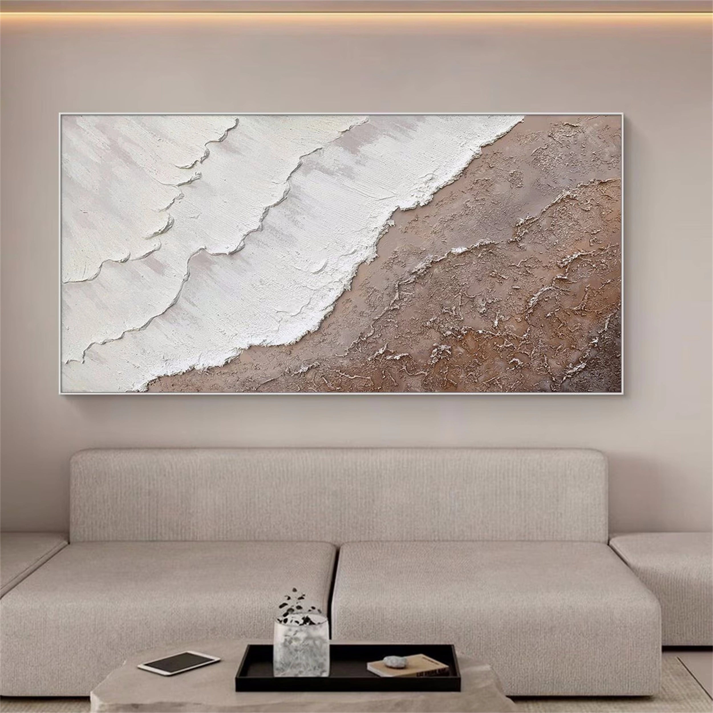 Large Beige White Textured Wave Art - Ocean Painting #JJ 239