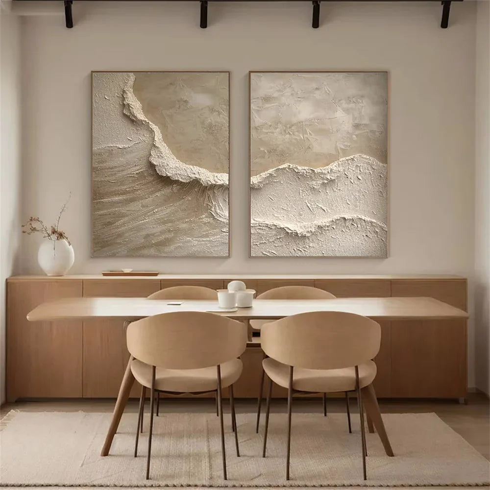 Textured Abstract Wave Oil Painting | Large Beige Wall Art Set of 2 #ZZ 010