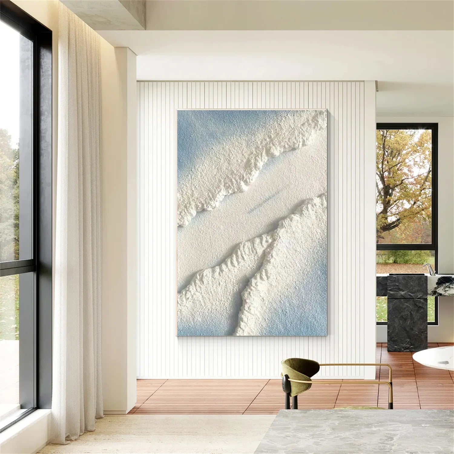 Blue and White Textured Beach Abstract Oil Painting - Modern Serene Art #JJ 125