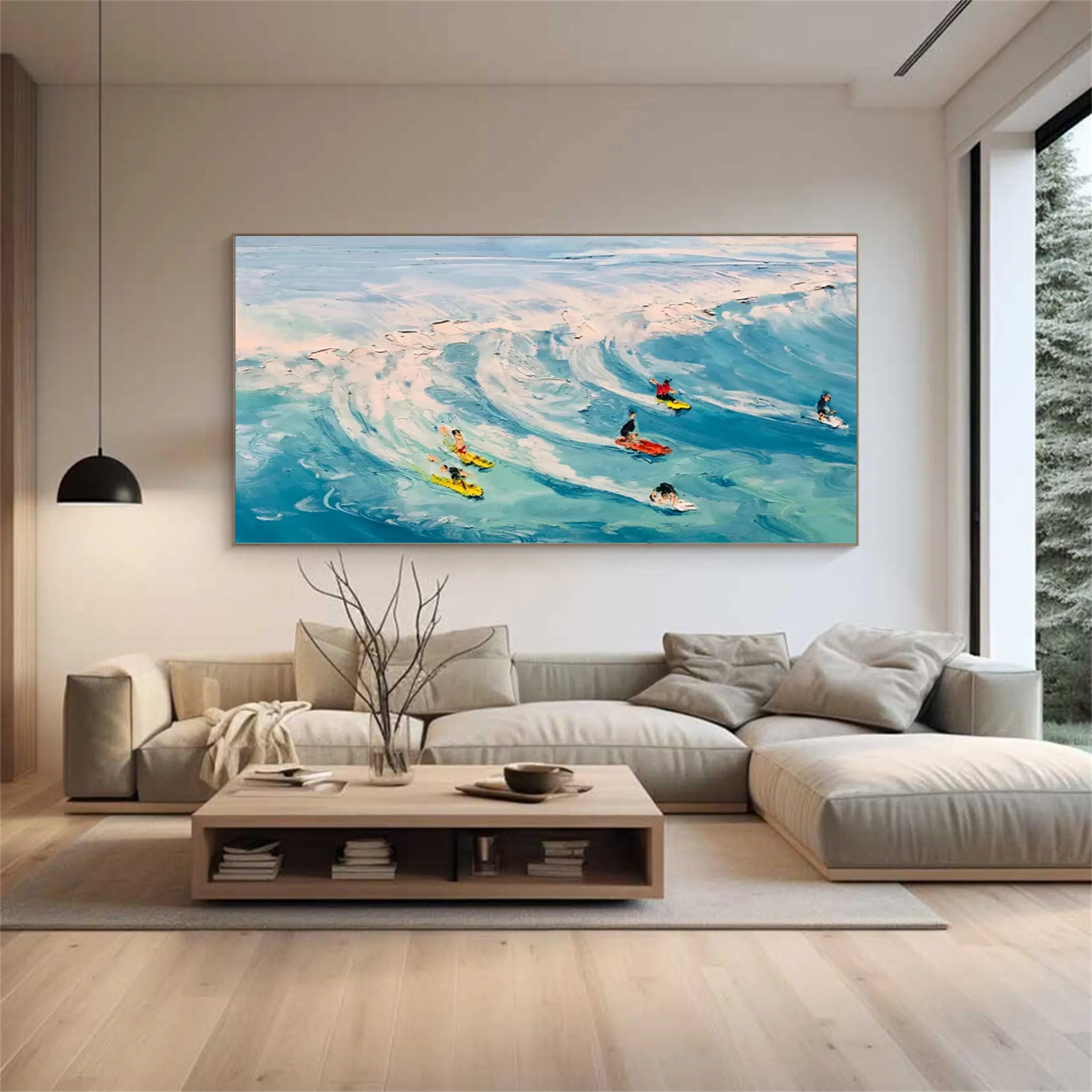 Textured Seascape Oil Painting - Light Blue Beige Art Deco #JJ 190