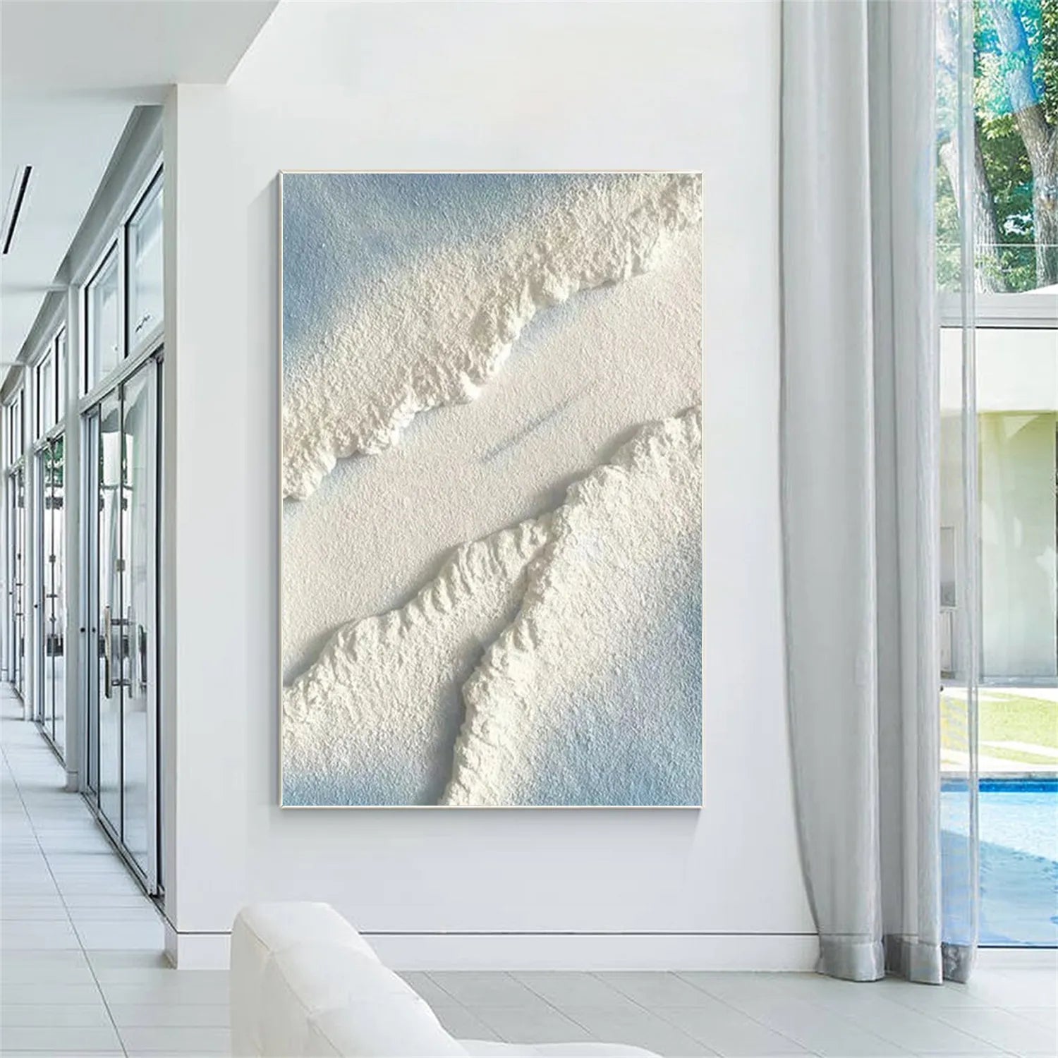 Blue and White Textured Beach Abstract Oil Painting - Modern Serene Art #JJ 125
