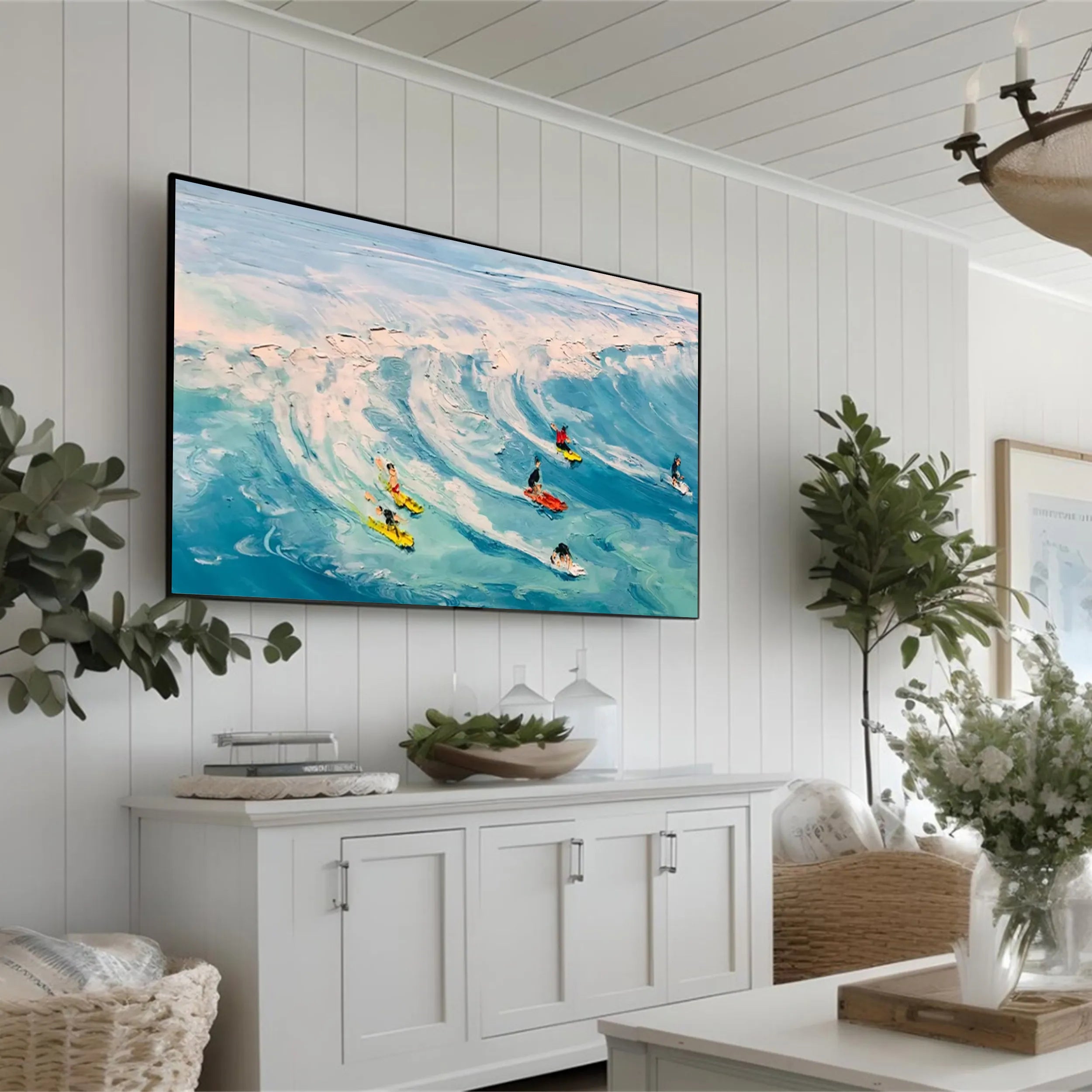 Textured Seascape Oil Painting - Light Blue Beige Art Deco #JJ 190