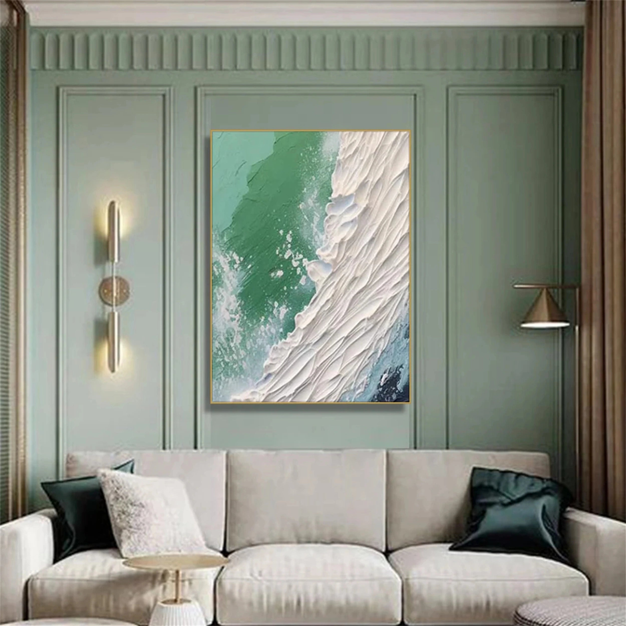 Emerald Surf Abstract Wall Art – Textured Ocean Canvas #JJ 228