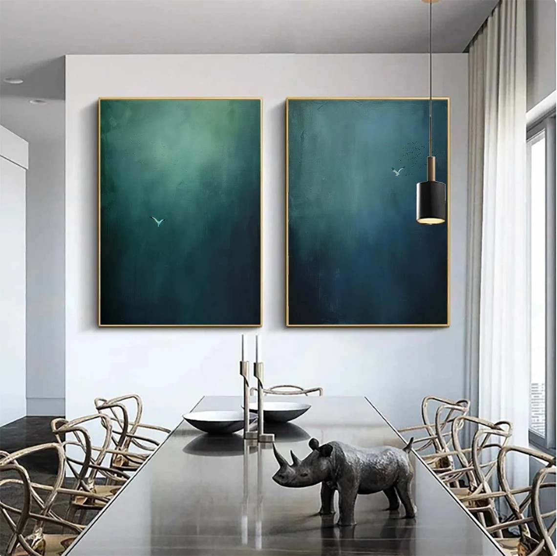Large Abstract Oil Painting Diptych  Hand-Painted Blue Green Sky/Ocean Art | # TC 010