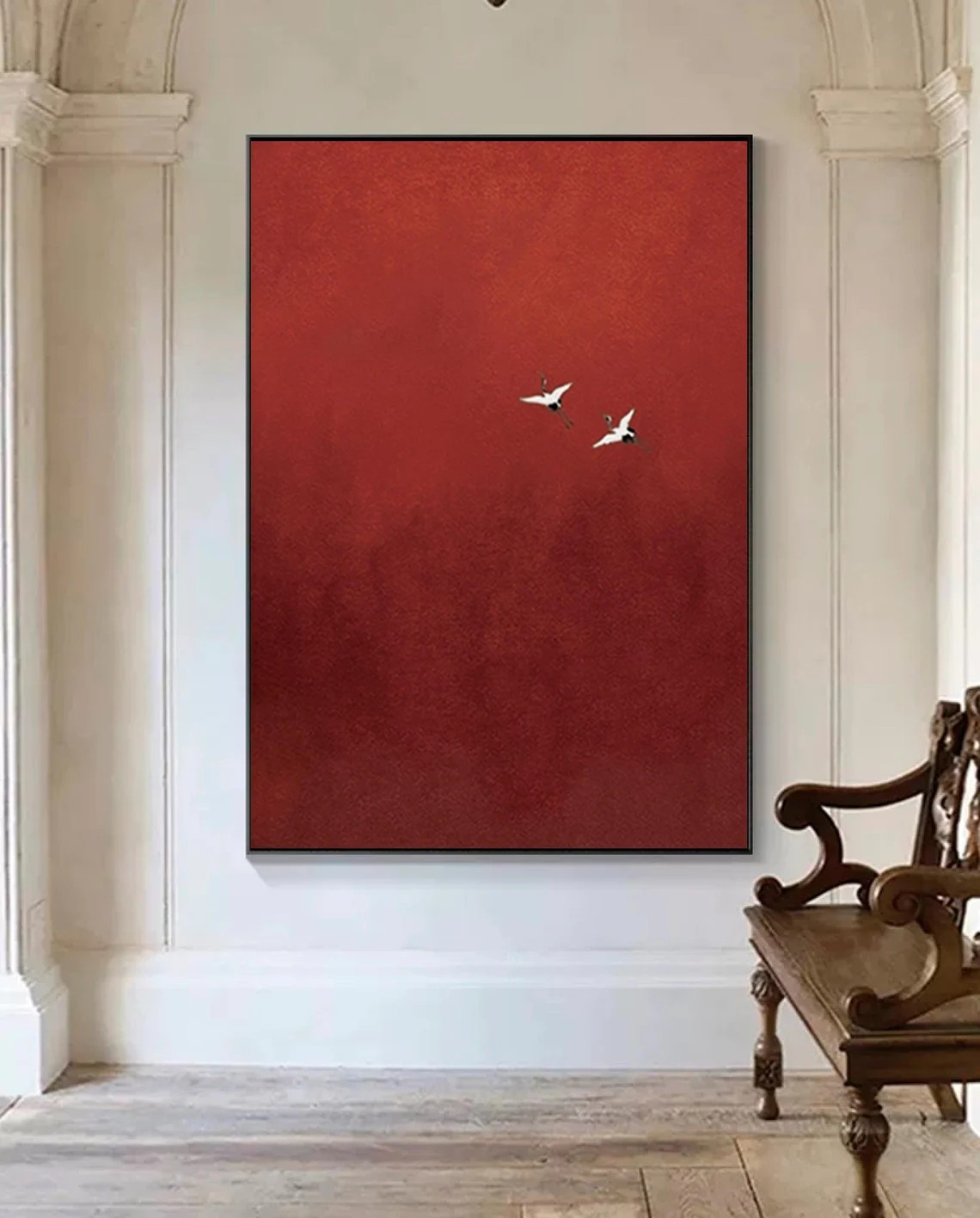 Minimalist Red Abstract Oil Painting with Flying Birds Wall Art  #TC 026