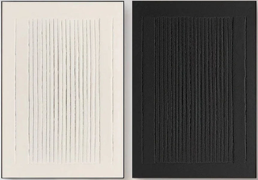 Minimalist Textured Linear Art | Black and White Stripe Canvas Pair #JJ 086