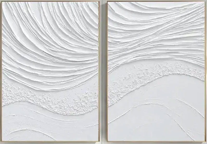White Textured Wave Art Set | Coastal Abstract Canvas Diptych #JJ 088