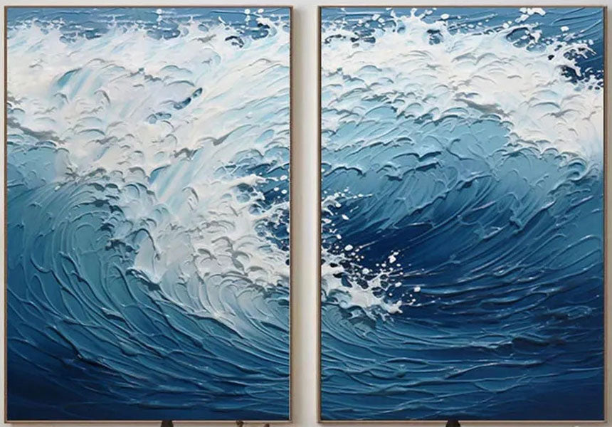 Textured Ocean Waves Canvas Art - Blue White Abstract  Wall Decor #JJ 218