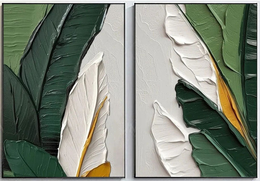 Stunning Hand - painted Oil Paintings: Leaf - inspired Duo for Modern Living Spaces #JJ 331