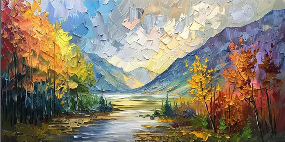 Living Room Wall Decor Mountain View | Colorful Oil Painting #JJ 318