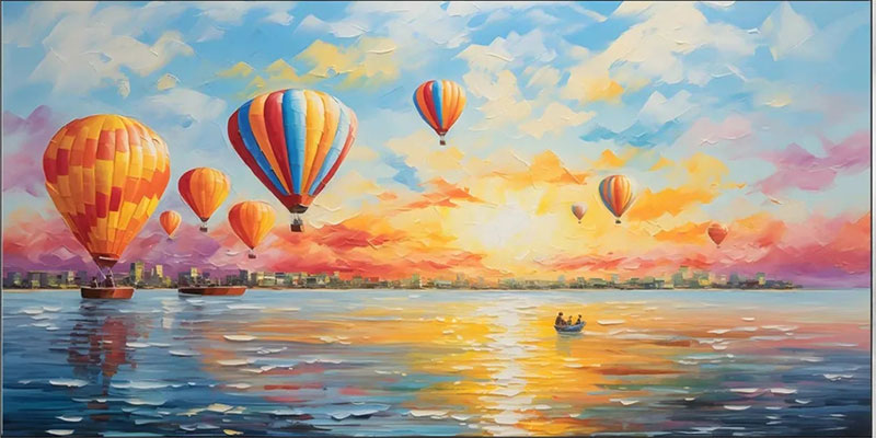 Colorful Hot Air Balloon Sunrise Seascape Oil Painting #JJ 193