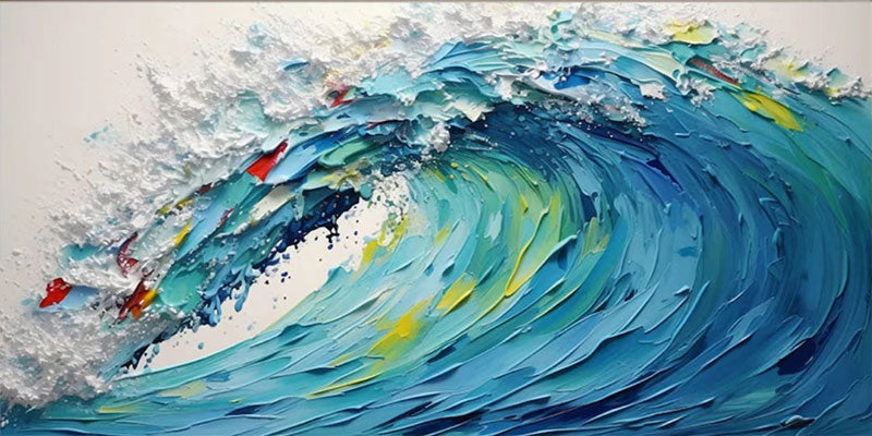 Dynamic Ocean Wave Hand Painted Abstract - Blue White Yellow Modern Oil Painting #JJ 161