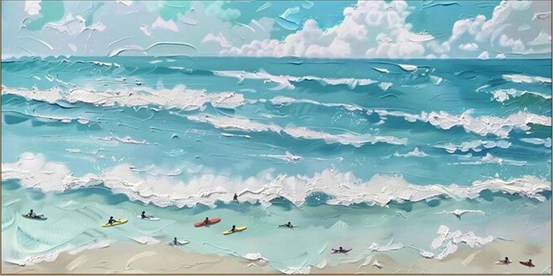 Surfboard Beach Painting | Turquoise and White Impasto Seascape Home Decor #JJ 249