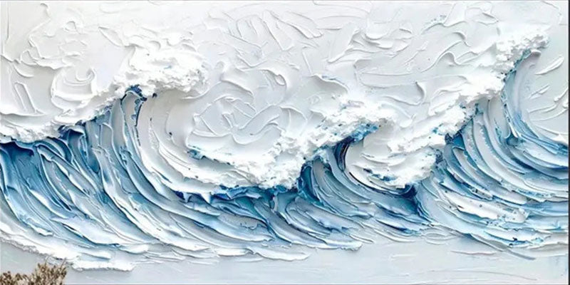 Modern Panoramic Blue Wave Textured Abstract Oil Painting - Ocean Art #JJ 179