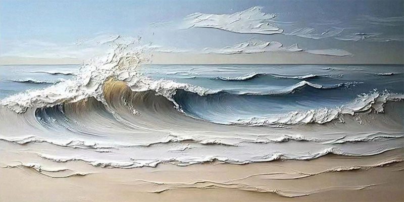 Wide Calm Coastal Sand and Sea Abstract - Blue and White Minimalist Oil Painting #JJ 163