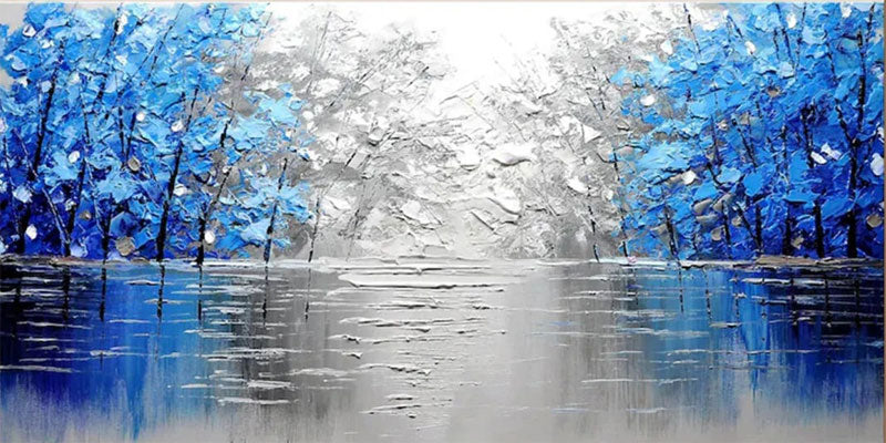 Abstract Lake and Blue Forest Impression - Winter Tree Canvas Art #JJ 323