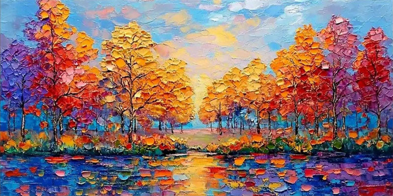 Sunset Lake Hand-Painted Oil Art | Vibrant Large Textured Trees #JJ 325