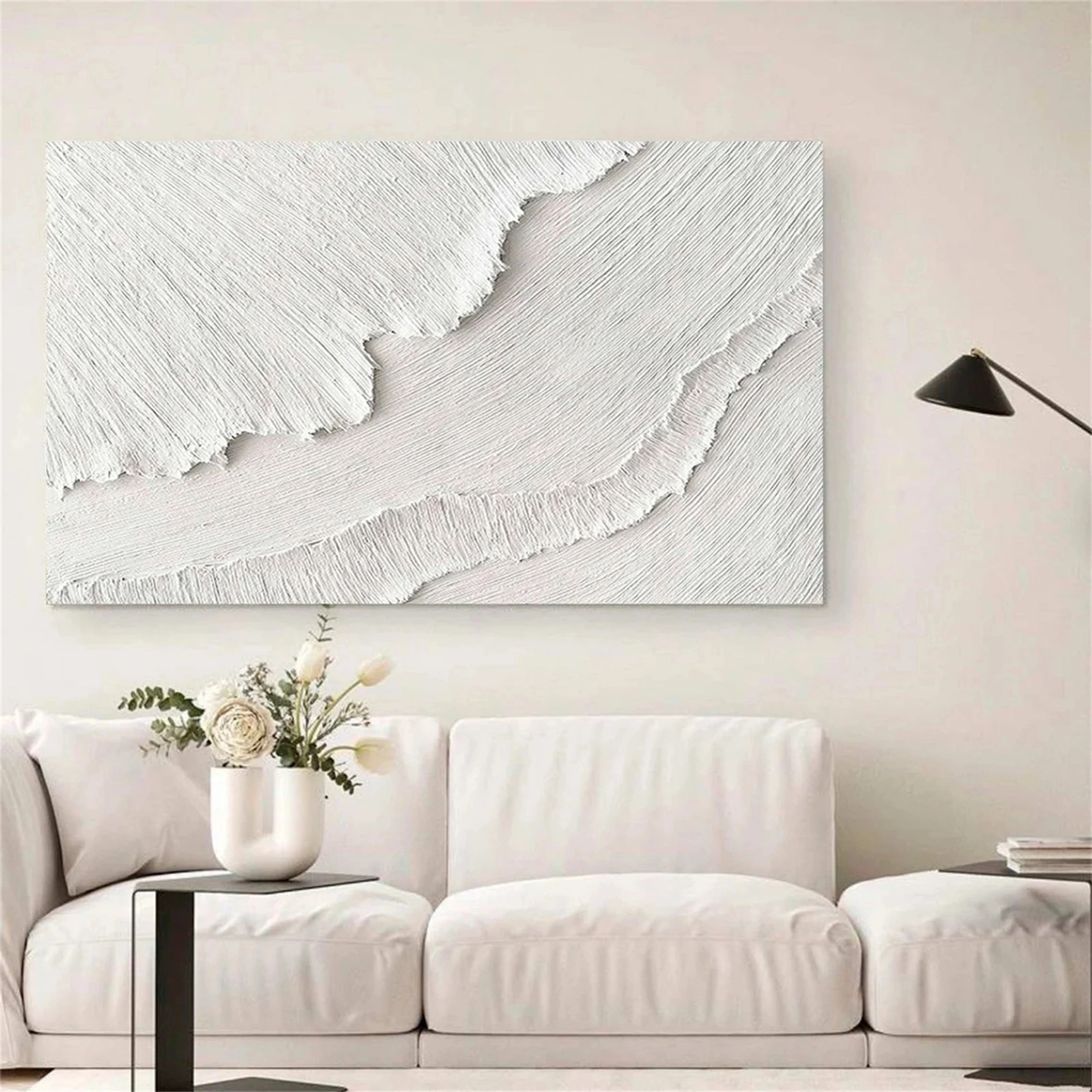 Minimalis Textured White Canvas Art - Ocean Waves Wall Decor #JJ 255