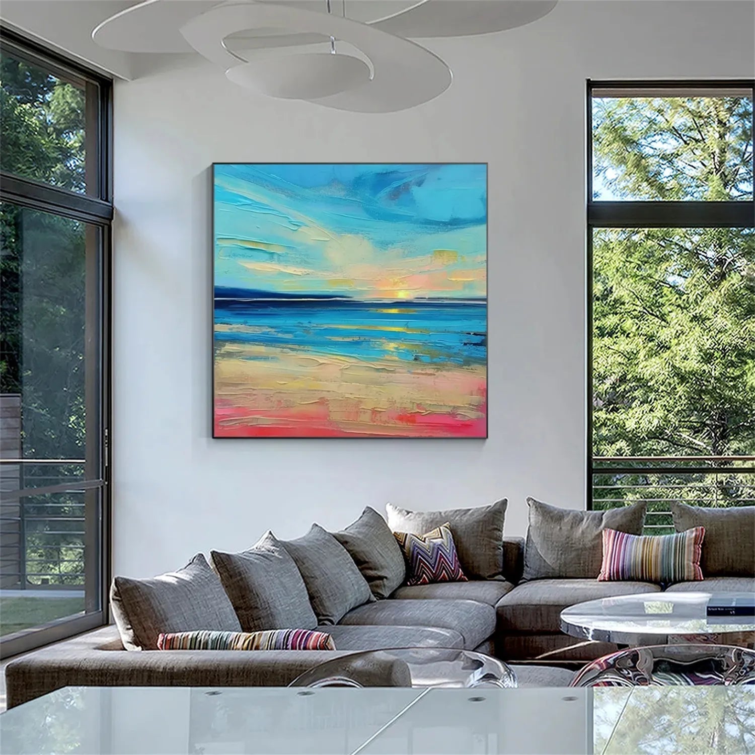 Sunrise Seascape Textured Oil Painting - Modern Coastal Wall Decor #JJ 184