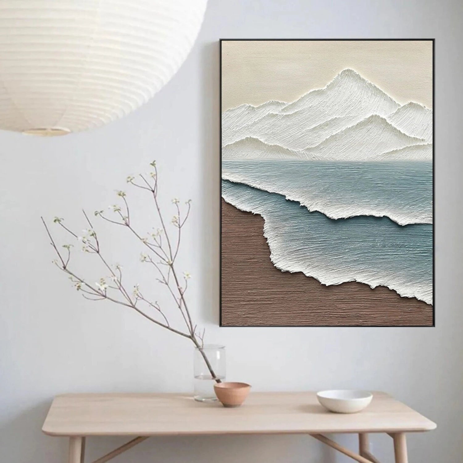 White Blue Textured Mountain Sea Abstract Oil Painting - Modern Art #JJ 115