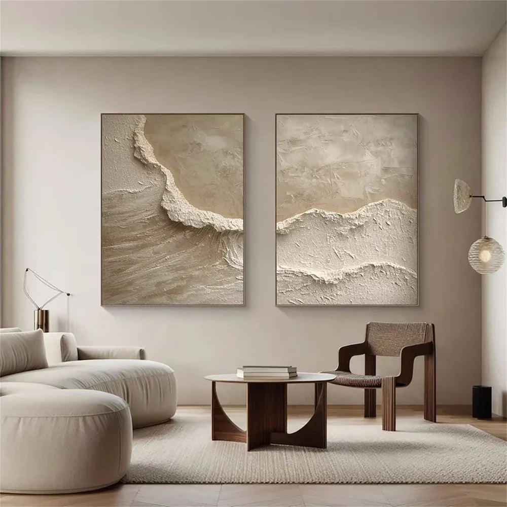 Textured Abstract Wave Oil Painting | Large Beige Wall Art Set of 2 #ZZ 010