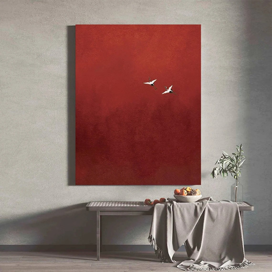 Minimalist Red Abstract Oil Painting with Flying Birds Wall Art  #TC 026