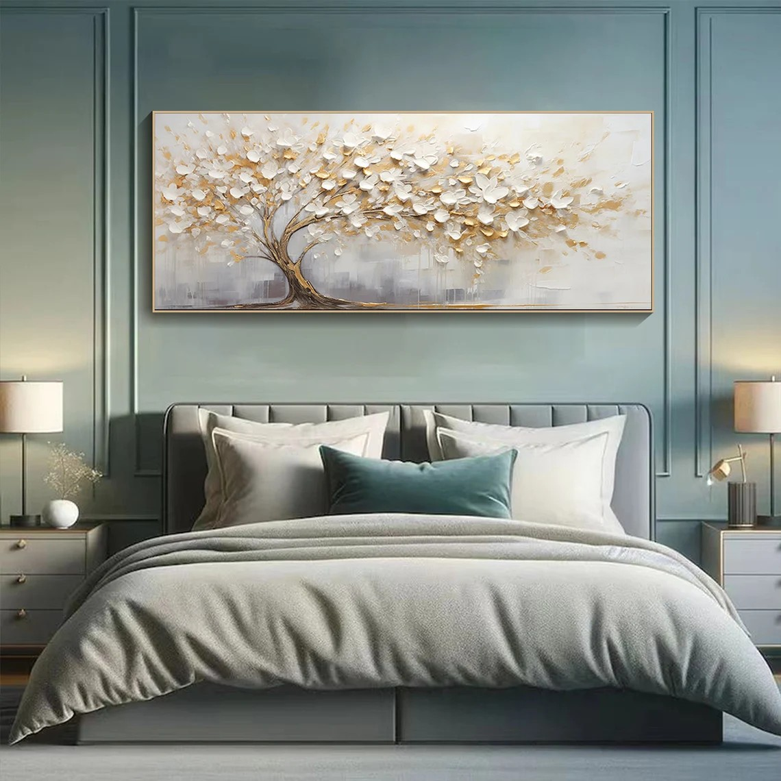 3D Blossom Tree Painting, Handmade White Gold Canvas Artwork  #TC 069