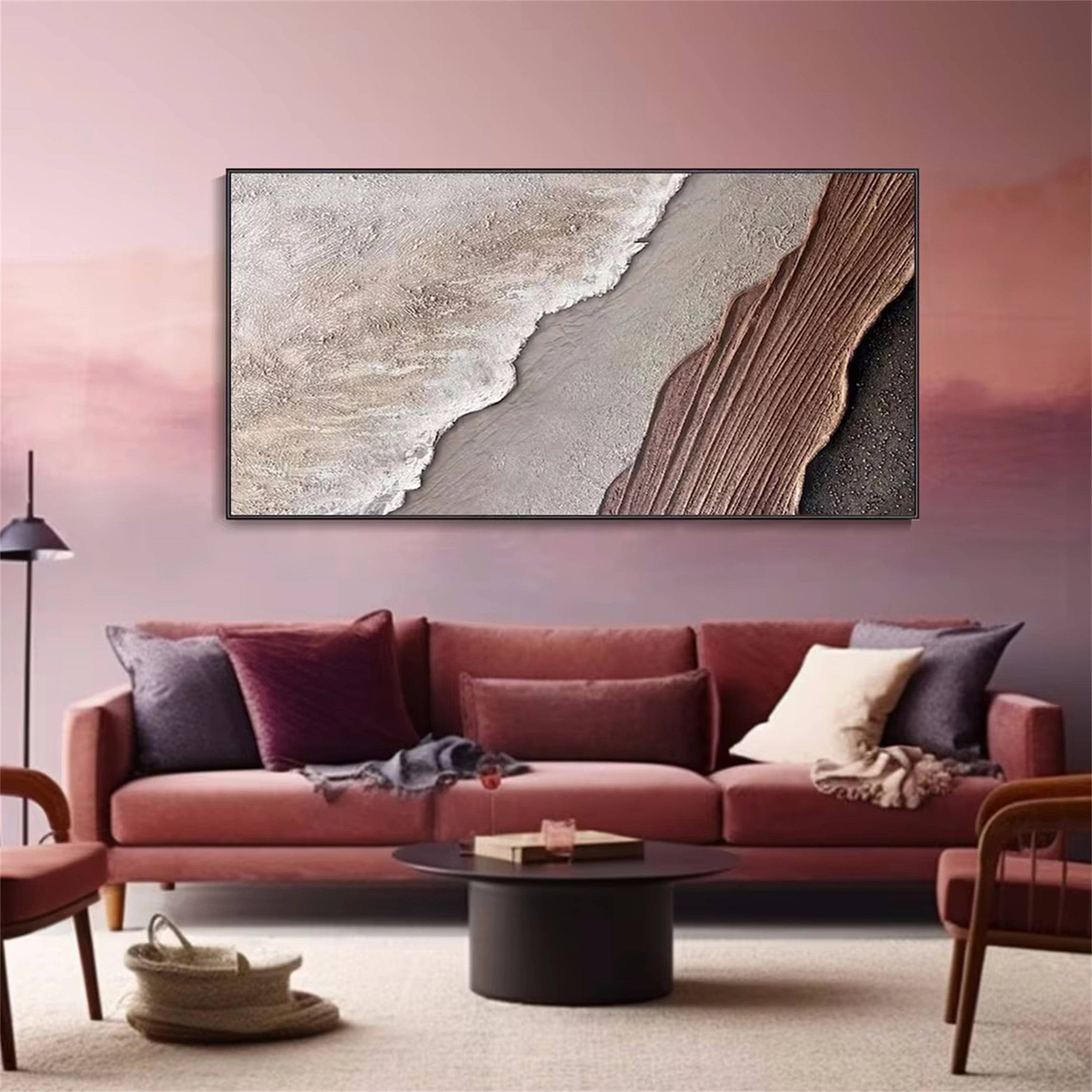 Earthbound Tide – Neutral Abstract Shoreline Painting Home Decor #JJ 259