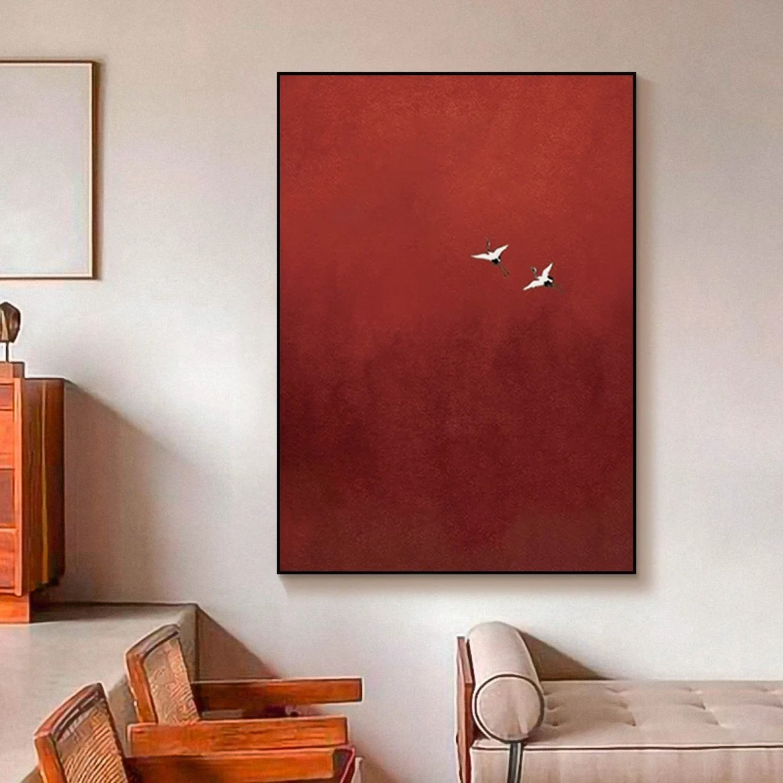 Minimalist Red Abstract Oil Painting with Flying Birds Wall Art  #TC 026