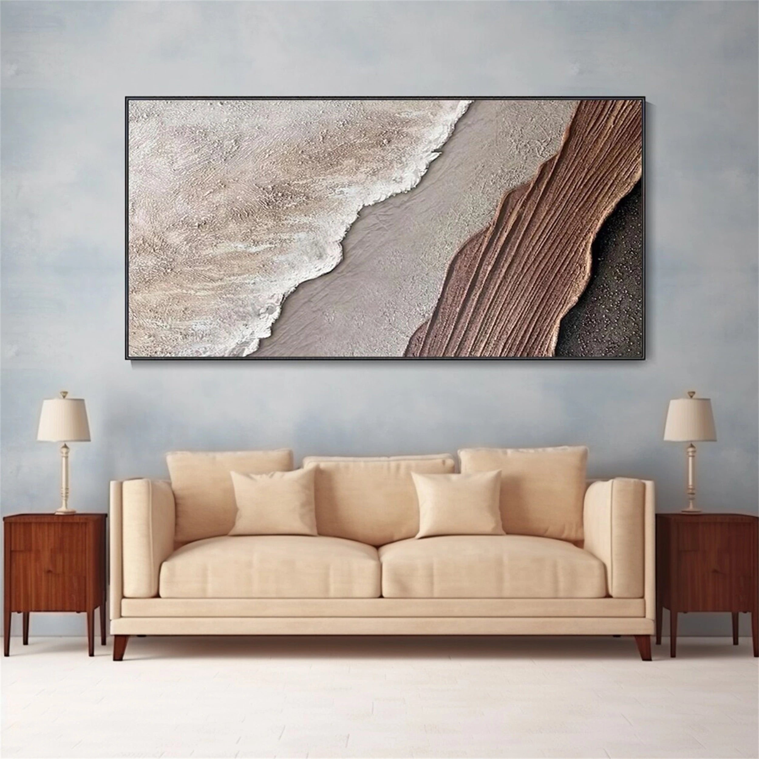 Earthbound Tide – Neutral Abstract Shoreline Painting Home Decor #JJ 259